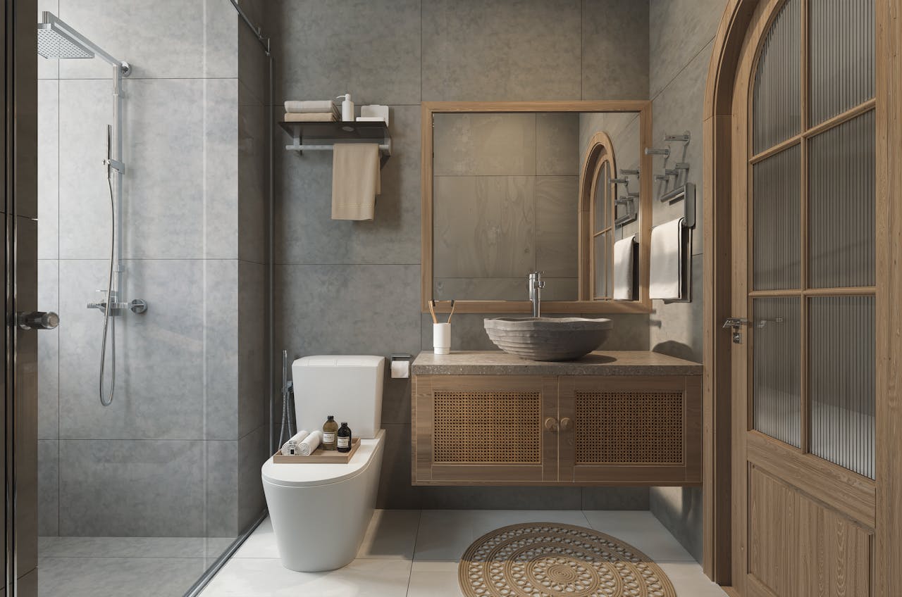 Elegant bathroom with wooden accents and modern fixtures for a stylish look.